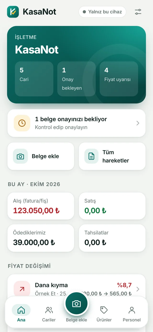 KasaNot ana ekranı