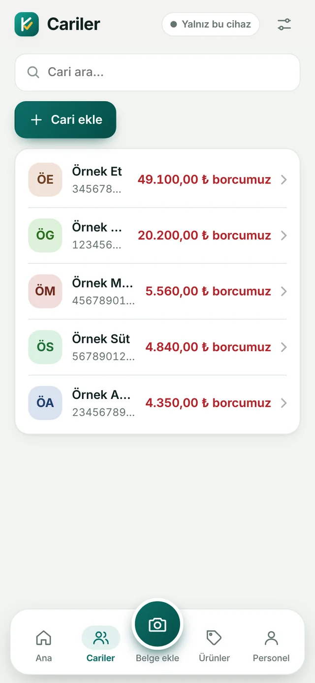 Cari listesi ve bakiyeler
